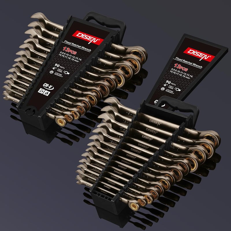 DISEN 13pcs 90-Teeth Ratchet Wrenches Set, Fixed Head Metric Ratcheting Wrench Set 6, 8, 9, 10, 11, 12, 13, 14, 15, 16, 17, 18, 19MM, Cr-V Constructed, Nickel Plating with Organizer - Image 3